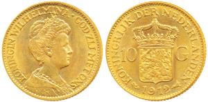 Netherlands, Wilhelmina, Gold 10 Gulden, 6.73g, 1912 (KM 149). Extremely Fine, Scarce.