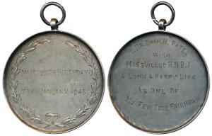 Silver Medallion, 97.2g, etched I Dr. Dhun H. Patel wish Miss Villoo R.N.B.J. A Long and H