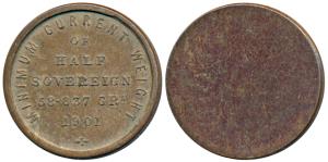 Minimum Current Weight of half Sovereign, 58.637 Gr., 1901, Calcutta Mint issue, uniface. 