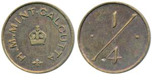Canteen Token, Brass ¼ Anna, 2.67g, obv. H.M. Mint Calcutta, with a crown in center, rev. 