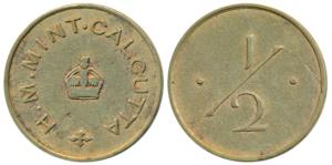 Canteen Token, Brass ½ Anna, 2.59g, obv. H.M. Mint Calcutta, with a crown in center, rev. 