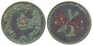 Canteen Token, Copper ½ Anna, 2.6g, obv. H.M. Mint Calcutta, with a crown in center, rev. 