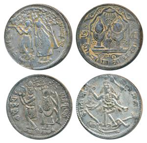 Silver Temple Token (2), first obv. the three deities Jagannath, Balabhadra and Subhadra p
