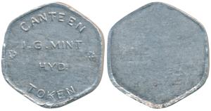 Aluminum Canteen Token, I. G. Mint, Hyderabad, shape of a 20 Paise coin. Extremely Fine, S