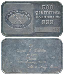 Johnson Matthey London, Silver Bullion Bar 500g, 999 Fine, with serial number,rev. To Suni