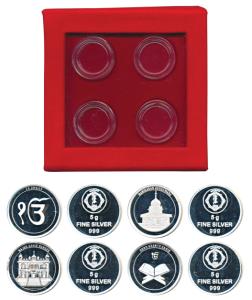 Silver Sikh Token set of 4, each 5 gms, each with a different symbol or monuments, Huzur S