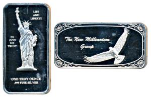 Silver Bar, 1 ounce, 33.74g, obv. Statue of Liberty, with motto In God we trust. Extremely