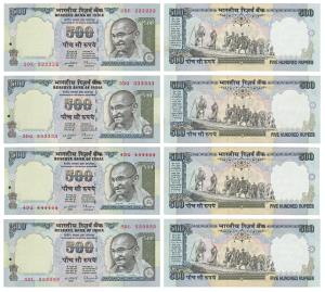 Rupees 500, signed C. Rangarajan, fancy numbers 222222 to 555555. Uncirculated. (4)