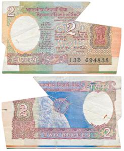 Rupees 2, signed I. G. Patel, Error, margin with extra paper at bottom with a printing lin