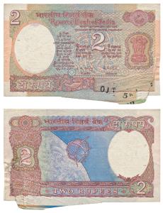 Rupees 2, Error, signed R. N. Malhotra, Error, serial number not printed properly with a l
