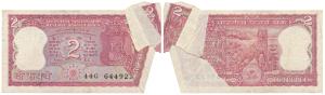 Rupees 2, signed R. N. Malhotra, Error, with a white patch at top left, the paper fold whi