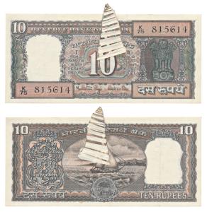 Rupees 10, signed Manmohan Singh, Error, uneven paper fold has caused a miss-print. Extrem