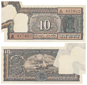 Rupees 10, signed R. N. Malhotra, Error, printed on extra paper at top left, the extra pap