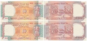 Rupees 10, Error, signed C. Rangarajan, both notes with the same serial numbers at the bot