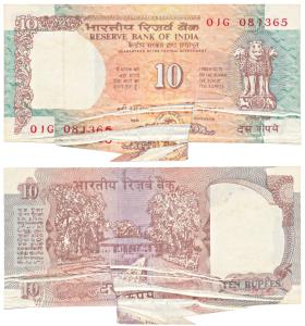 Rupees 10, signed C. Rangarajan, Error, miss-print due to crumpled paper, splitting the se