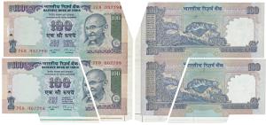 Rupees 100, signed C. Rangarajan, Error, a pair of two consecutive miss-cut notes, both wi
