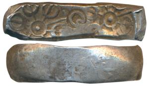 Archaic Punch Marked Coinage, attributed to Gandhara Janapada, Bent Bar, Silver 5 Shana, 1