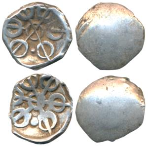 Archaic Punch Marked Coinage, attributed to Gandhara Janapada (c. 400 BC), Silver Shana (2