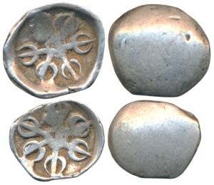 Archaic Punch Marked Coinage, attributed to Gandhara Janapada, Silver Shana (2), 1.45g and