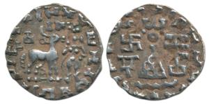 Kunindas, Amoghabhuti (c. 200 BC), Silver Drachma, 2.15g, obv. deer standing to right, god