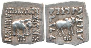 Indo-Greeks, Apollodotus I, Silver Square Drachm, 2.45g, Bilingual series, obv. an Indian 