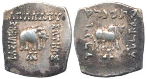 Indo-Greeks, Apollodotus I, Silver Square Drachm, 2.38g, Bilingual series, obv. an Indian 