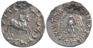 Indo-Greeks, Antimachus II, Silver Drachma, 2.32g, obv. king on horseback prancing to righ