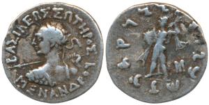 Indo-Greeks, Menander I, Silver Drachm, 2.44g, Bilingual series, obv. diademed bust to lef