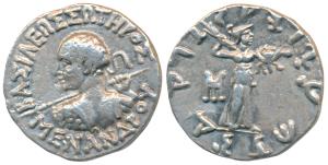 Indo-Greeks, Menander I, Silver Drachm, 2.42g, Bilingual series, obv. diademed bust to lef