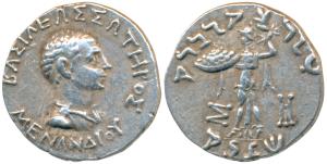 Indo-Greek, Menander I, Silver Tetradrachm, 9.66g, obv. diademed and draped bust of the ru