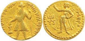 Kushanas, Kanishka I (c. 127/8-152 AD), Gold Dinar, 7.87g, obv. caped and crowned king sta