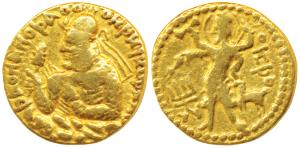 Kushanas, Huvishka (c. 152-192 AD), Gold Dinar, 7.69g, obv. crowned half-length bust of th