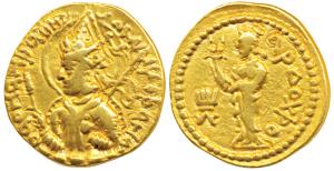 Kushanas, Huvishka, Gold Dinar, 7.86g, obv. nimbate, diademed and crowned bust of the king