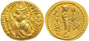 Kushanas, Huvishka, Gold Dinar, 7.88g, obv. nimbate and helmeted bust of the king emerging