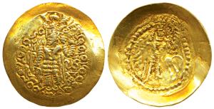 Kushano-Sasanian, Bahram III (Kidara) (c. 350 AD), Gold Dinara, 7.32g, obv. king standing 