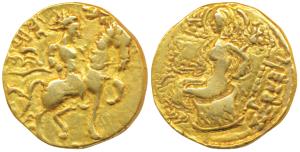 Guptas, Chandragupta II (c. 380-413 AD), Gold Dinar, 7.80g, ‘Horseman’ type, obv. king rid