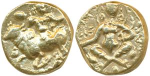 Sasanka, King of Gauda (c. 600-630 AD), Base Gold Dinar, 8.2g, Abhishekha type, obv. Shiva