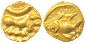 Imperial Cholas (1014-1050 AD), Gold Fanam, 0.40g, obv. lion walking to right with crescen