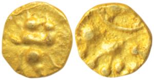 Hoysalas, Gold Fractional Fanam, 0.10g, obv. lion walking to right with crescent above, re