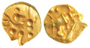 Hoysalas, Gold Fanam, 0.09g, obv. crude symbol of a fish, rev. Garuda standing facing in f