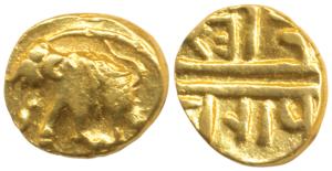 Vijayanagar, Devaraya I (1406-1422 AD), Gold 2 or Double Fanam / ¼ Pagoda, 0.68g, obv. ele