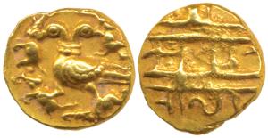 Vijayanagar, Achyuta Deva Raya, Gold ½ Pagoda, 1.68g, obv. Gandabherunda (2-headed eagle),