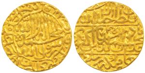 Akbar, Gold Mohur, 10.74g, Agra Mint, AH 974/12, Kalima on obv. (KM 106.4). Broad flan, Ex