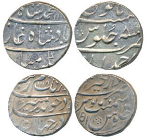 Aurangzeb, Silver Rupee (2), Dar ul-Khair Ajmer Mint, AH 1118/51; Muhammad Shah, Ahmedabad