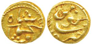 Muhammad Shah, Gold Pagoda, 2.72g, Guty Mint, AH 1178 error date, complete mint name at to
