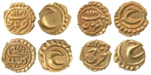 Tipu Sultan, Gold Fanam (4), Farrukhi, Nagar, Kalikut and Patan Mints, all with complete m