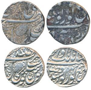 Amritsar Mint, Silver Rupee (2), Nanakshahi couplet, VS 1880 and 1885 (KM 22.2). Fine to A