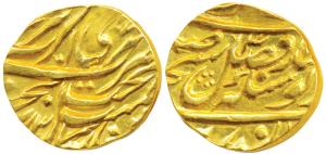 Amritsar Mint, Gold Mohur, 10.78g, Nanakshahi couplet, VS 1843, Misl period, struck in the
