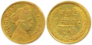 Sayaji Rao III (AH 1292-1357, 1875-1938 AD), Gold Mohur, 7.03g, obv. portrait of the Mahar
