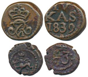 Frederik III (1648-1670 AD), Copper Kas, 1.15g, obv. monogram of the ruler, rev. norse lio